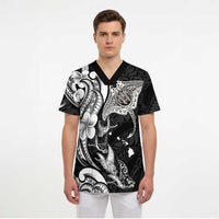 Hawaiian Manta Rays Scrub Top Tribal Hibiscus Polynesian Tattoos Black Color - Polynesian Pride