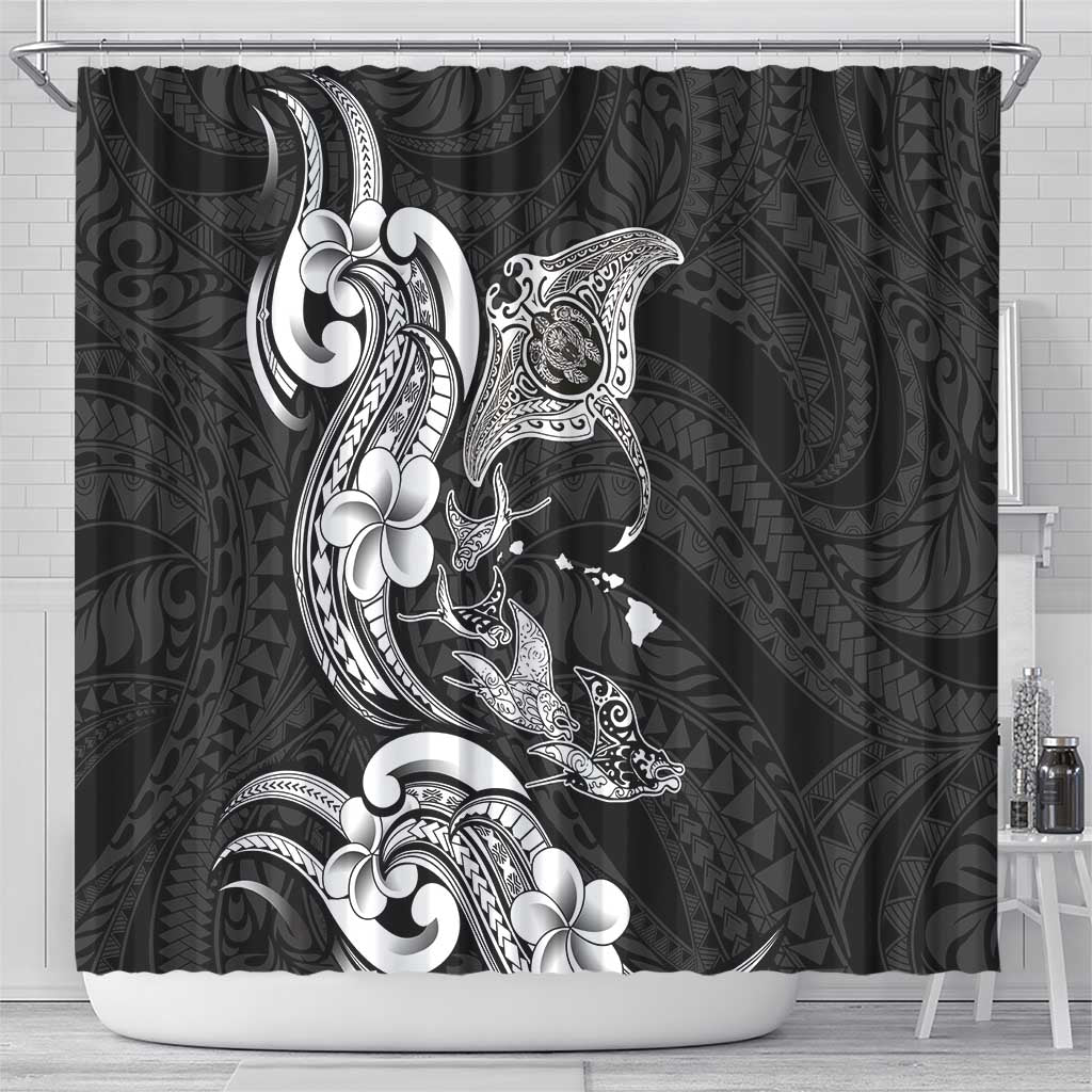 Hawaiian Manta Rays Shower Curtain Tribal Hibiscus Polynesian Tattoos Black Color - Polynesian Pride