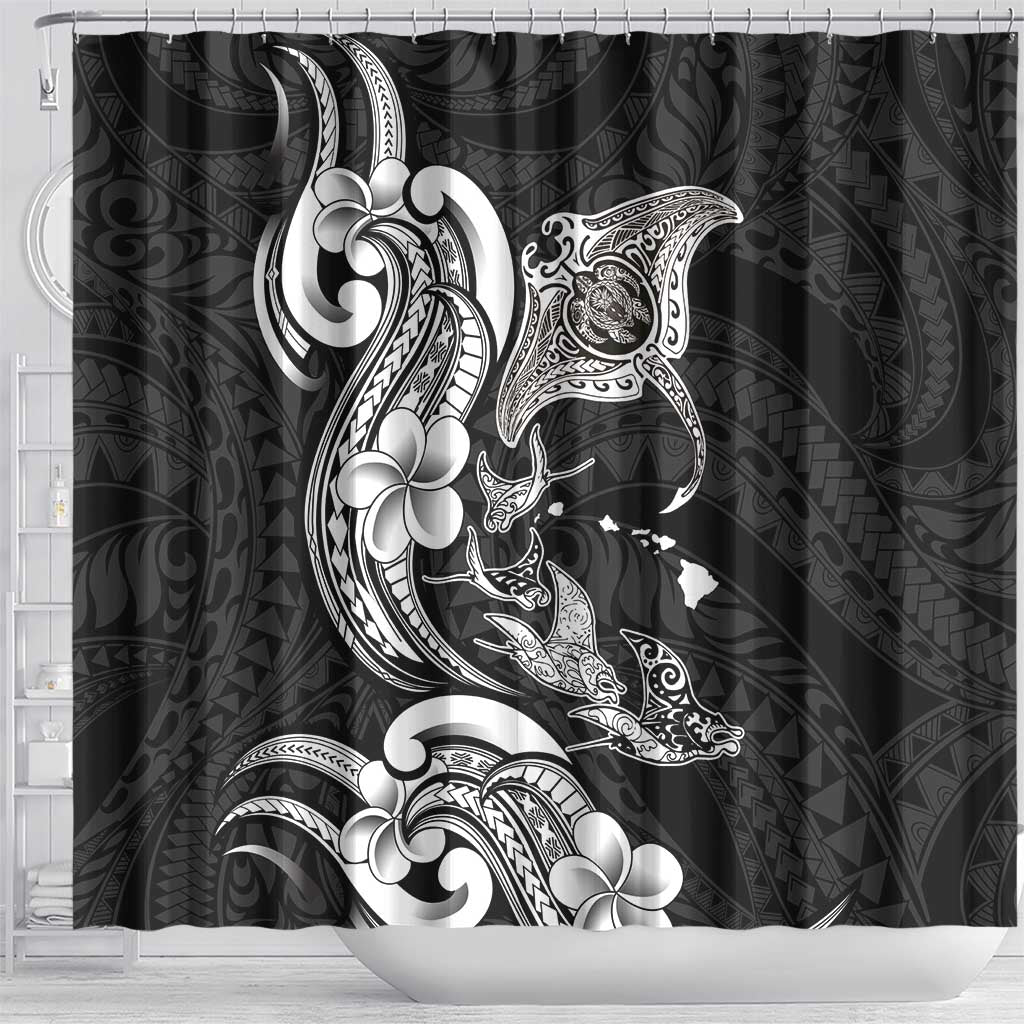 Hawaiian Manta Rays Shower Curtain Tribal Hibiscus Polynesian Tattoos Black Color - Polynesian Pride