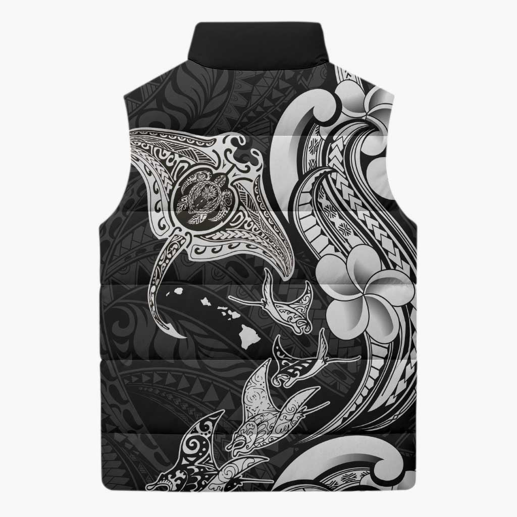 Hawaiian Manta Rays Sleeveless Puffer Jacket Tribal Hibiscus Polynesian Tattoos Black Color - Polynesian Pride