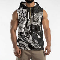 Hawaiian Manta Rays Sleeveless Zip Hoodie Tribal Hibiscus Polynesian Tattoos Black Color - Polynesian Pride