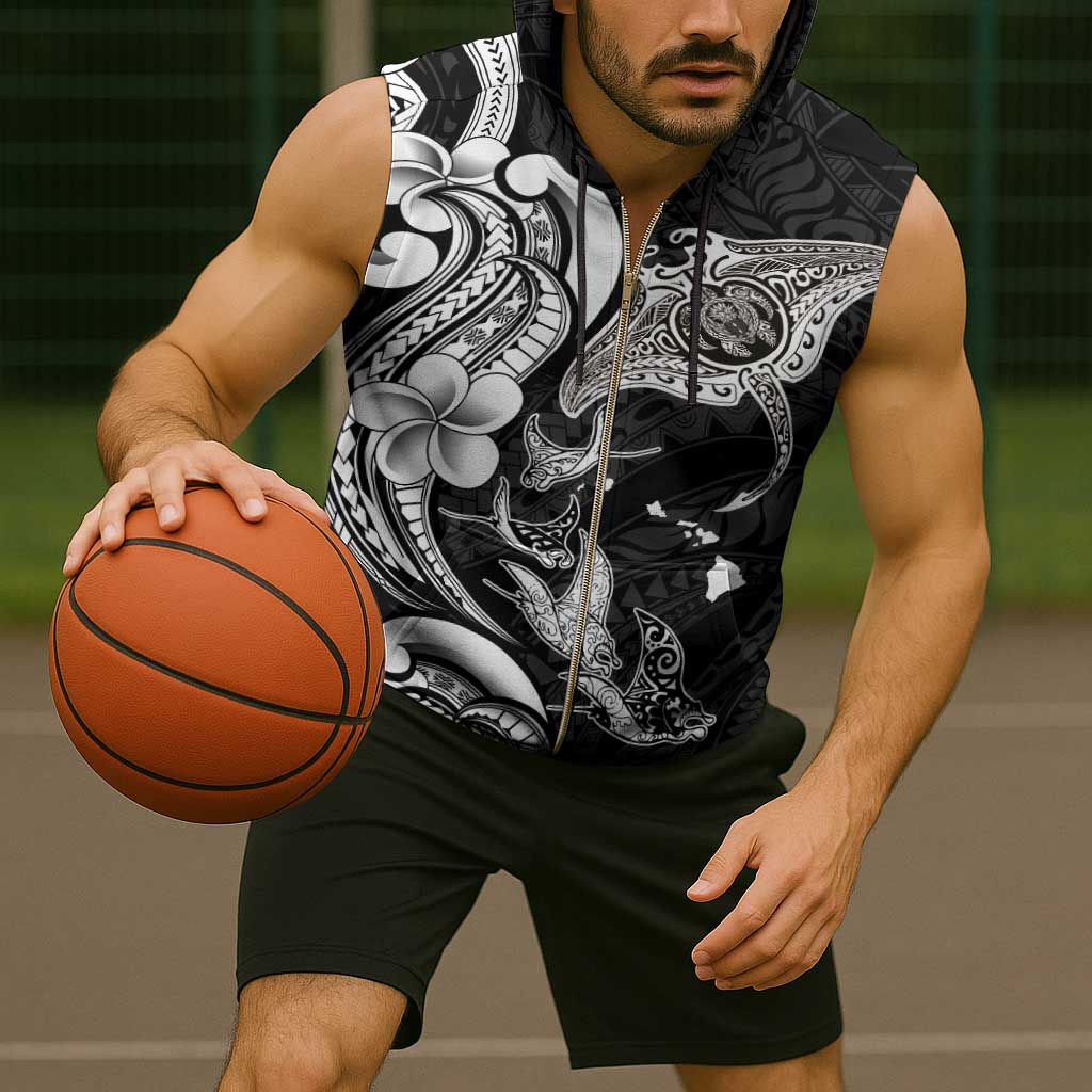 Hawaiian Manta Rays Sleeveless Zip Hoodie Tribal Hibiscus Polynesian Tattoos Black Color - Polynesian Pride