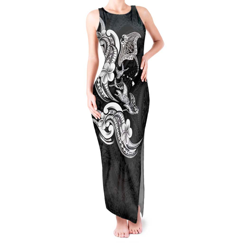Hawaiian Manta Rays Tank Maxi Dress Tribal Hibiscus Polynesian Tattoos Black Color - Polynesian Pride
