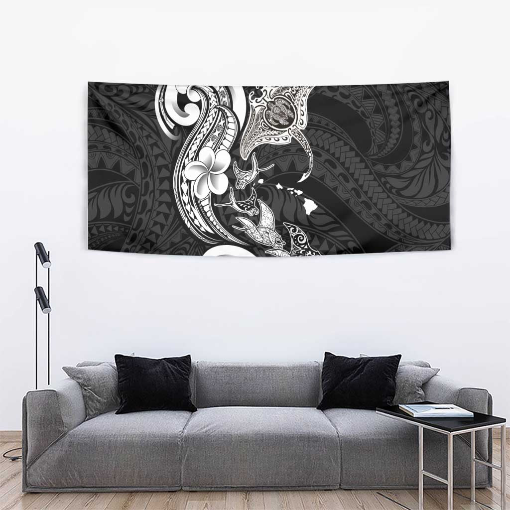 Hawaiian Manta Rays Tapestry Tribal Hibiscus Polynesian Tattoos Black Color - Polynesian Pride