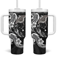 Hawaiian Manta Rays Tumbler With Handle Tribal Hibiscus Polynesian Tattoos Black Color - Polynesian Pride