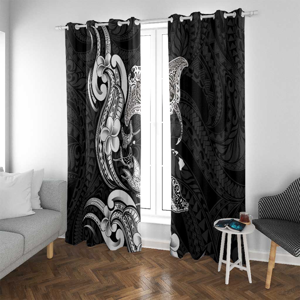 Hawaiian Manta Rays Window Curtain Tribal Hibiscus Polynesian Tattoos Black Color - Polynesian Pride