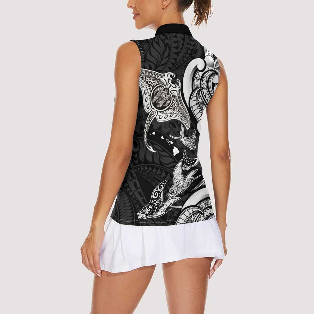Hawaiian Manta Rays Women Sleeveless Polo Shirt Tribal Hibiscus Polynesian Tattoos Black Color - Polynesian Pride