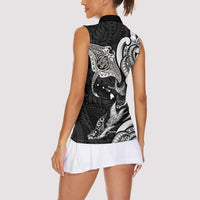 Hawaiian Manta Rays Women Sleeveless Polo Shirt Tribal Hibiscus Polynesian Tattoos Black Color - Polynesian Pride