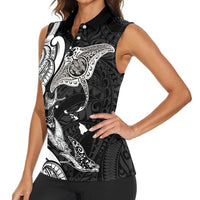 Hawaiian Manta Rays Women Sleeveless Polo Shirt Tribal Hibiscus Polynesian Tattoos Black Color - Polynesian Pride