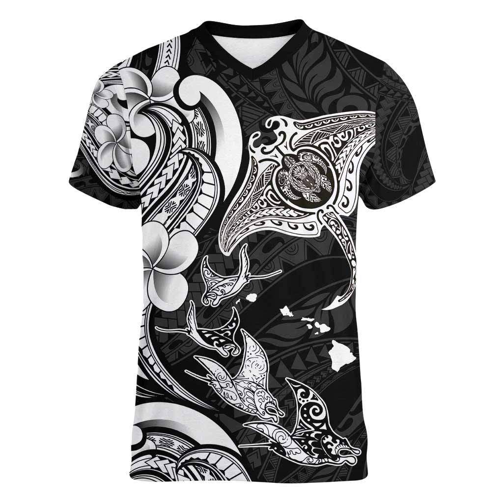 Hawaiian Manta Rays Women V-Neck T-Shirt Tribal Hibiscus Polynesian Tattoos Black Color - Polynesian Pride