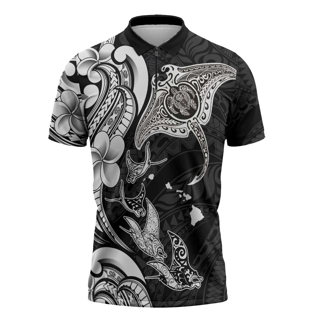 Hawaiian Manta Rays Zipper Polo Shirt Tribal Hibiscus Polynesian Tattoos Black Color - Polynesian Pride