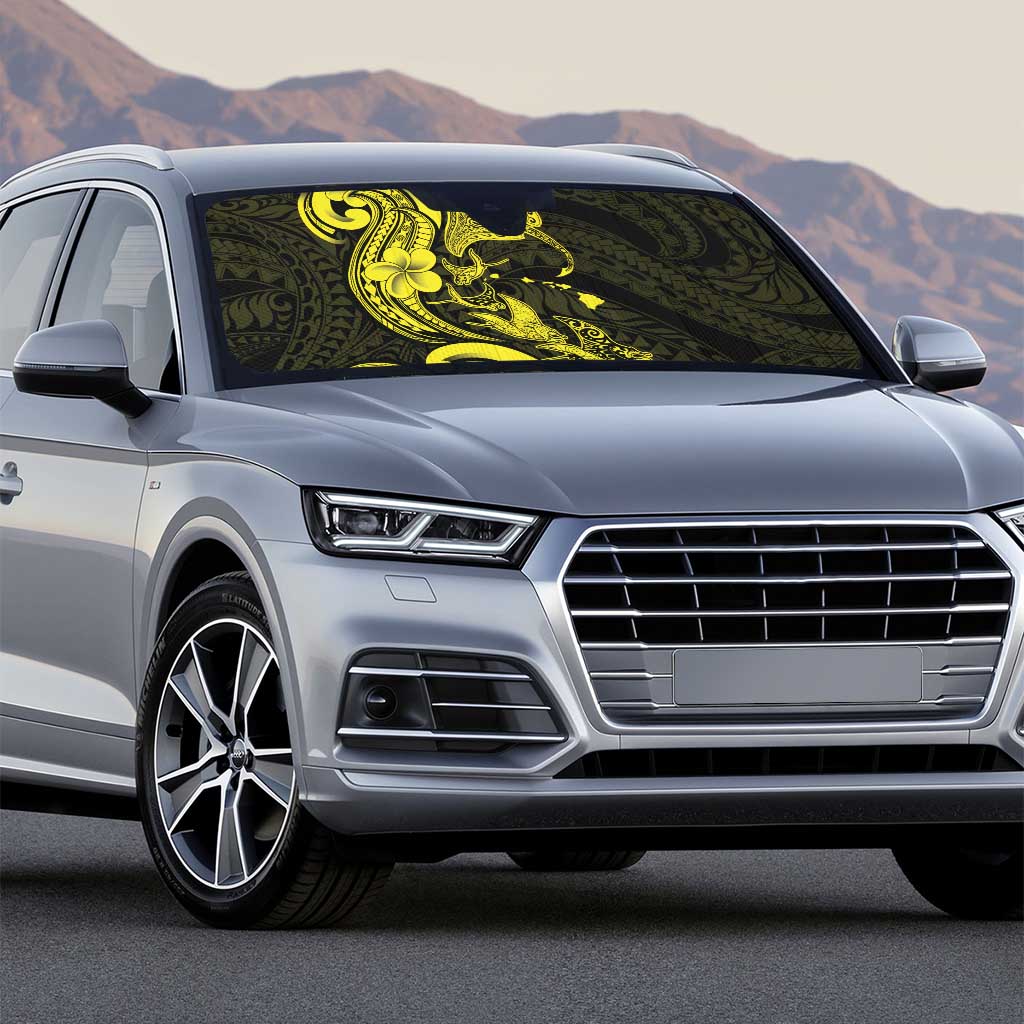 Hawaiian Manta Rays Auto Sun Shade Tribal Hibiscus Polynesian Tattoos Yellow Color - Polynesian Pride