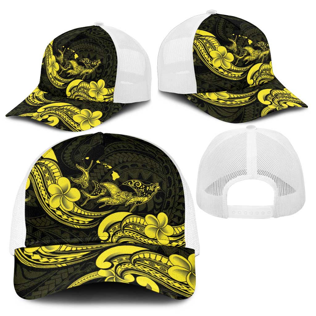 Hawaiian Manta Rays Baseball Net Cap Tribal Hibiscus Polynesian Tattoos Yellow Color - Polynesian Pride