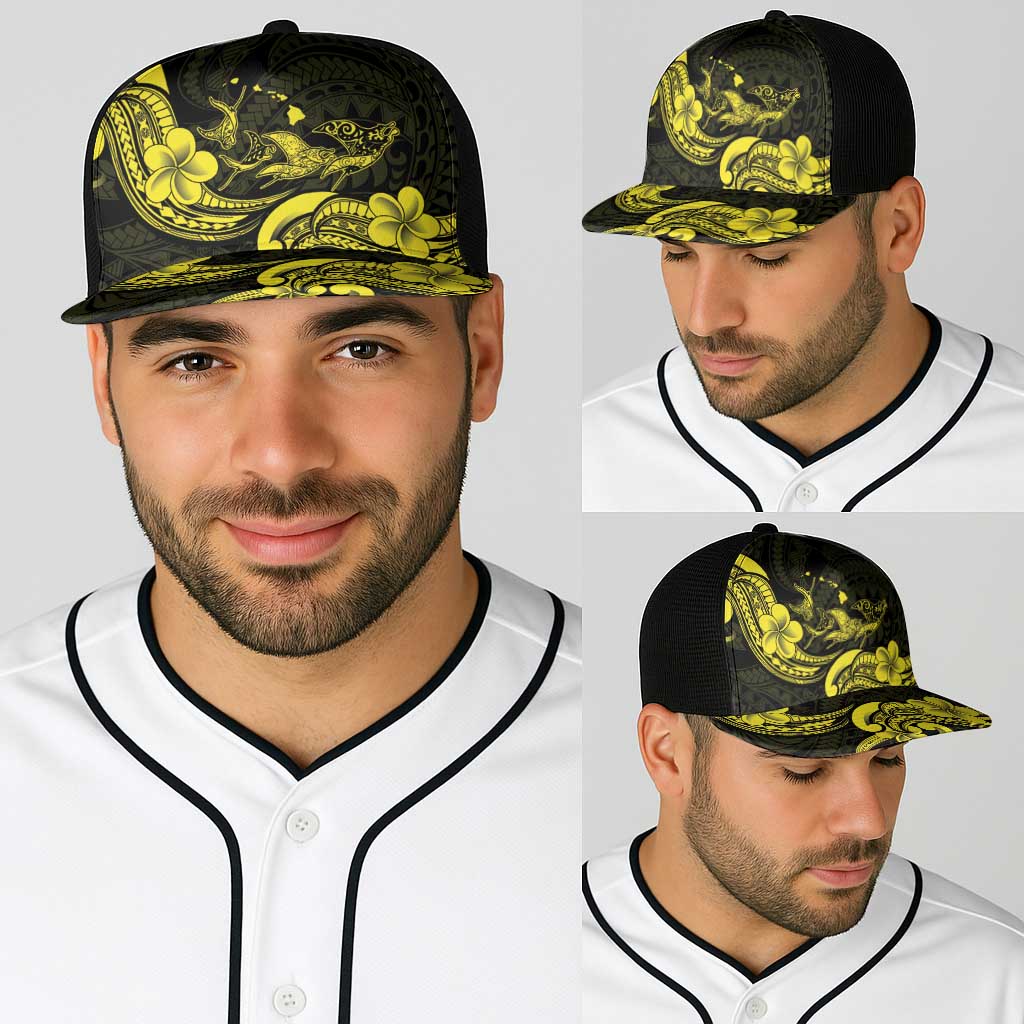 Hawaiian Manta Rays Baseball Net Cap Tribal Hibiscus Polynesian Tattoos Yellow Color - Polynesian Pride