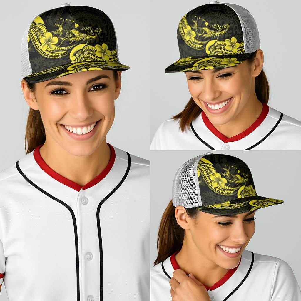 Hawaiian Manta Rays Baseball Net Cap Tribal Hibiscus Polynesian Tattoos Yellow Color - Polynesian Pride
