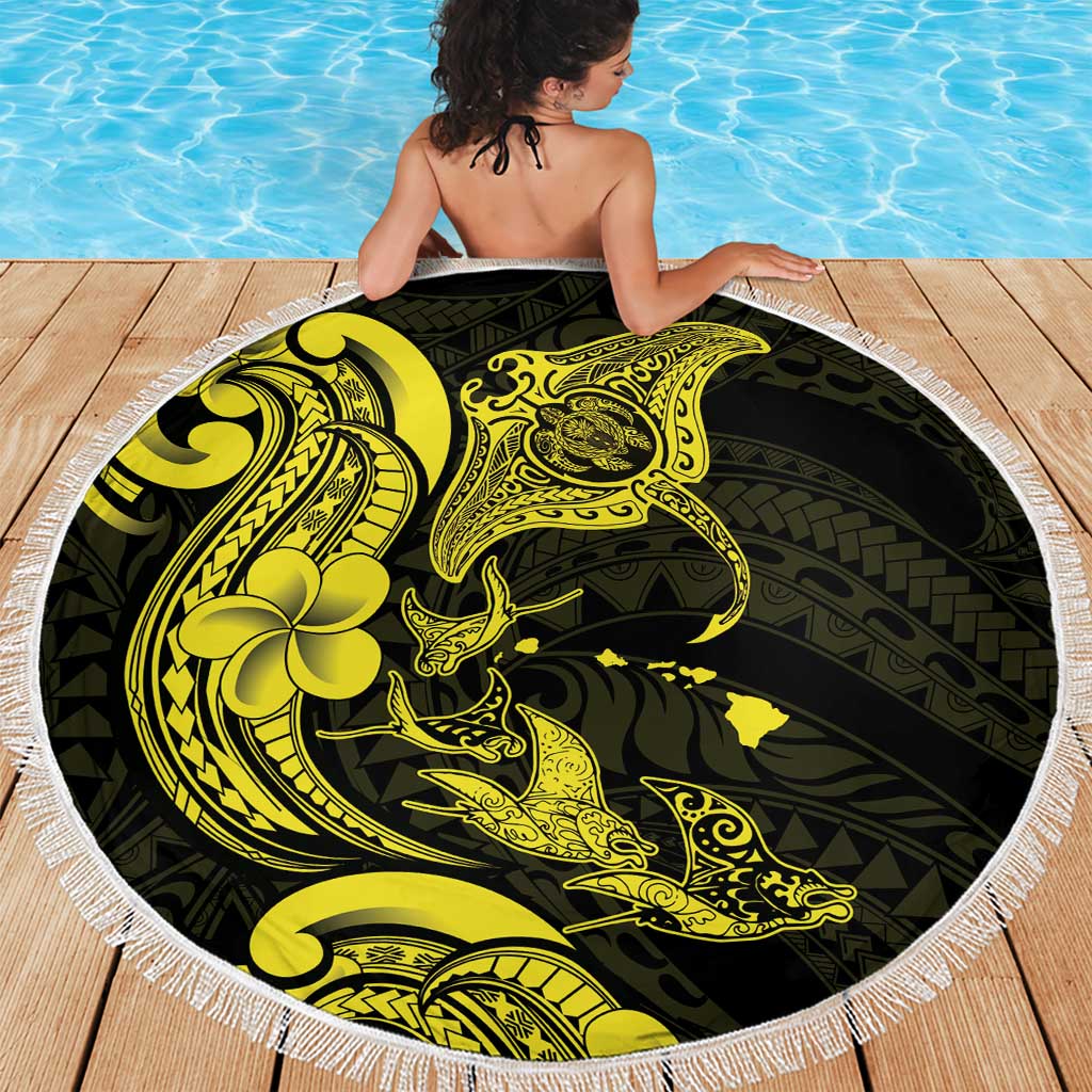 Hawaiian Manta Rays Beach Blanket Tribal Hibiscus Polynesian Tattoos Yellow Color - Polynesian Pride