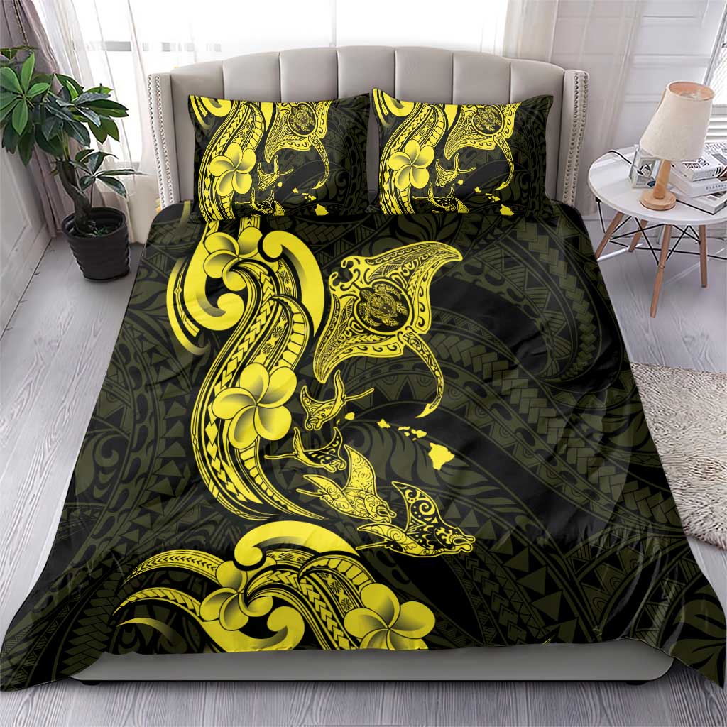 Hawaiian Manta Rays Bedding Set Tribal Hibiscus Polynesian Tattoos Yellow Color - Polynesian Pride