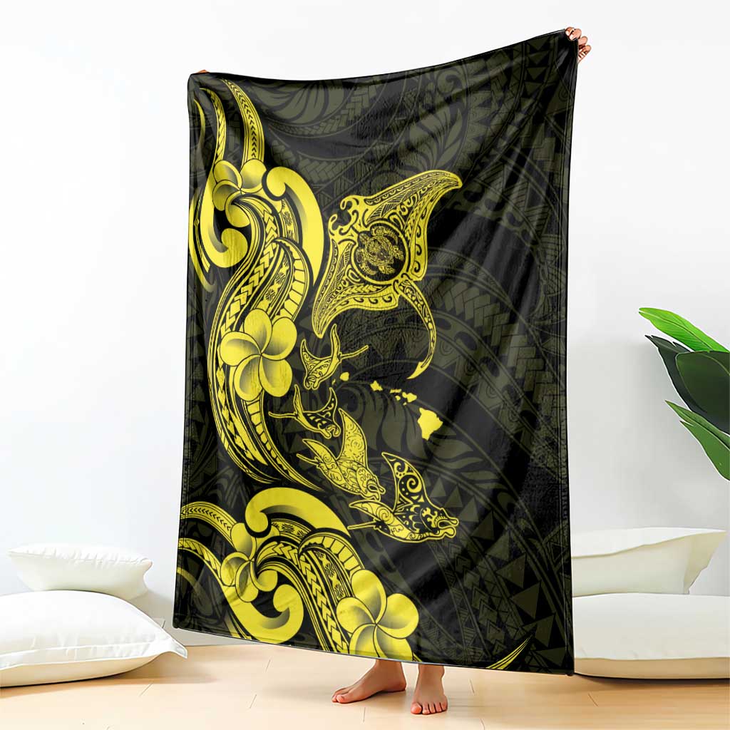 Hawaiian Manta Rays Blanket Tribal Hibiscus Polynesian Tattoos Yellow Color - Polynesian Pride