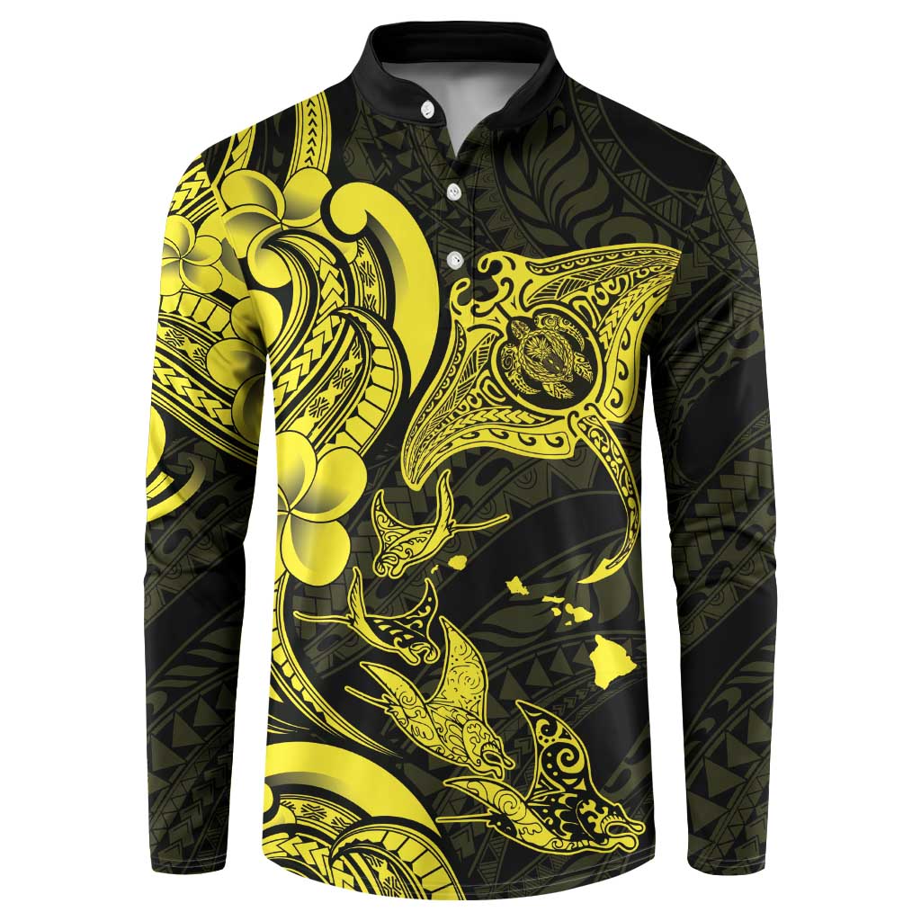 Hawaiian Manta Rays Button Sweatshirt Tribal Hibiscus Polynesian Tattoos Yellow Color - Polynesian Pride
