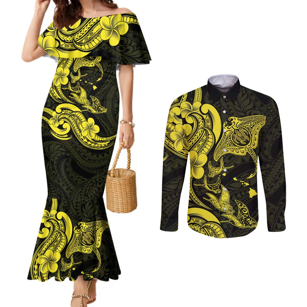 Hawaiian Manta Rays Couples Matching Mermaid Dress and Long Sleeve Button Shirt Tribal Hibiscus Polynesian Tattoos Yellow Color - Polynesian Pride