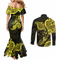 Hawaiian Manta Rays Couples Matching Mermaid Dress and Long Sleeve Button Shirt Tribal Hibiscus Polynesian Tattoos Yellow Color - Polynesian Pride