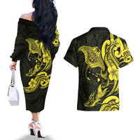 Hawaiian Manta Rays Couples Matching Off The Shoulder Long Sleeve Dress and Hawaiian Shirt Tribal Hibiscus Polynesian Tattoos Yellow Color - Polynesian Pride