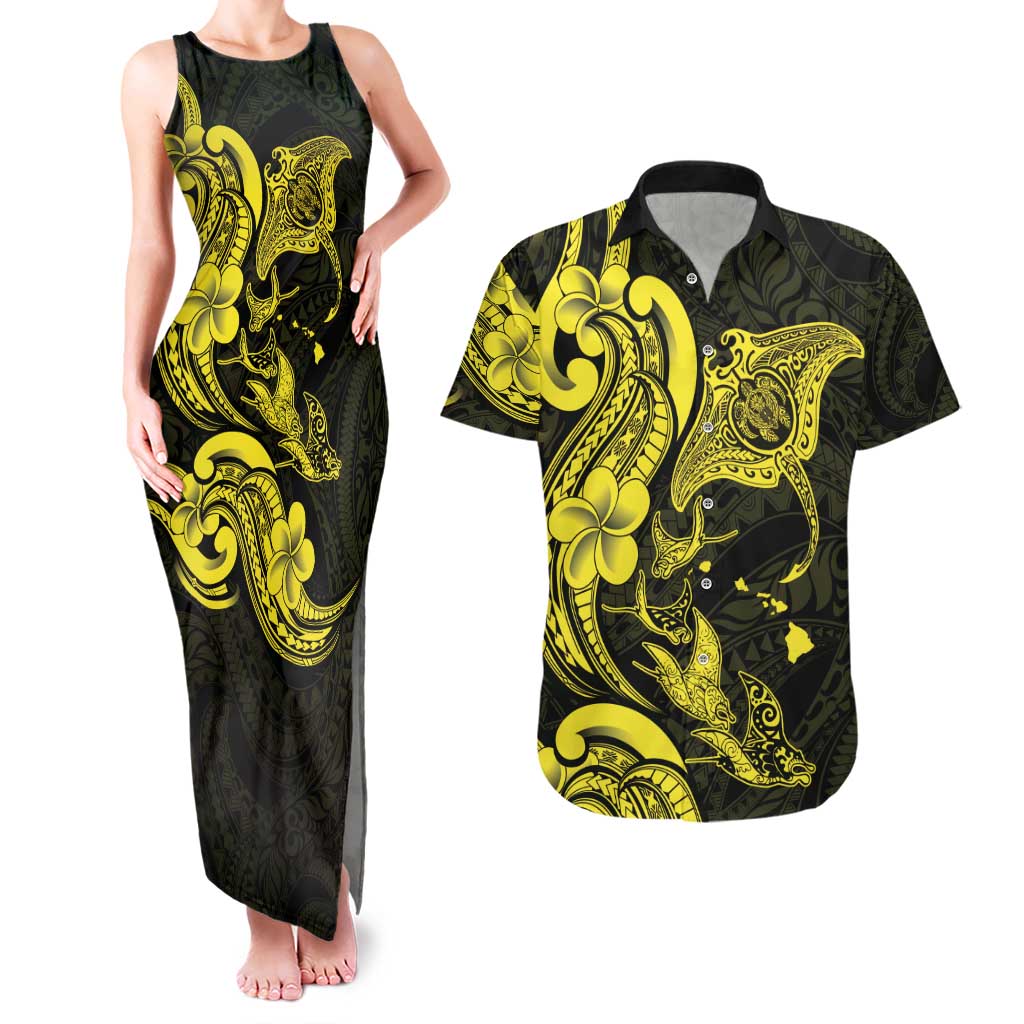 Hawaiian Manta Rays Couples Matching Tank Maxi Dress and Hawaiian Shirt Tribal Hibiscus Polynesian Tattoos Yellow Color - Polynesian Pride