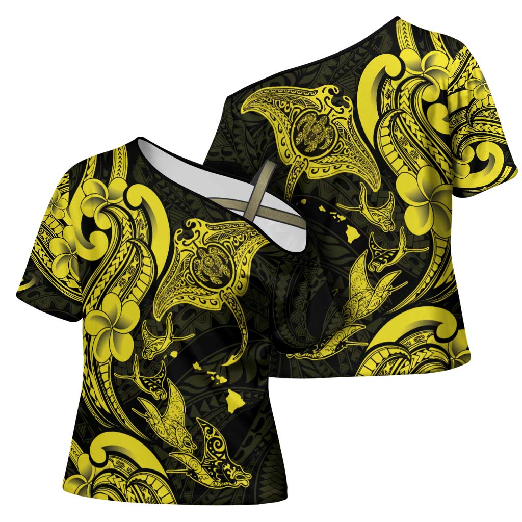 Hawaiian Manta Rays Cross Shoulder Shirt Tribal Hibiscus Polynesian Tattoos Yellow Color - Polynesian Pride