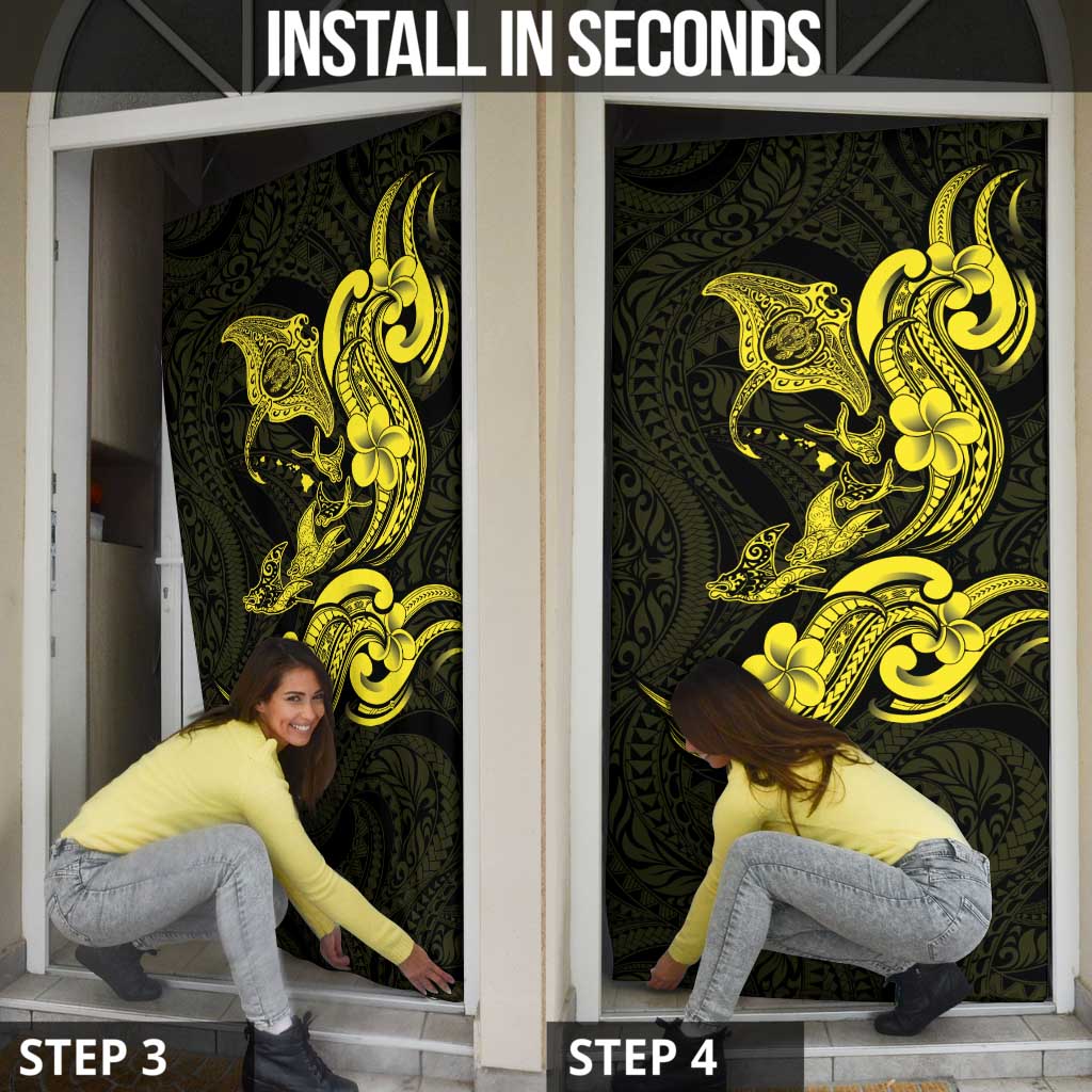 Hawaiian Manta Rays Door Cover Tribal Hibiscus Polynesian Tattoos Yellow Color - Polynesian Pride