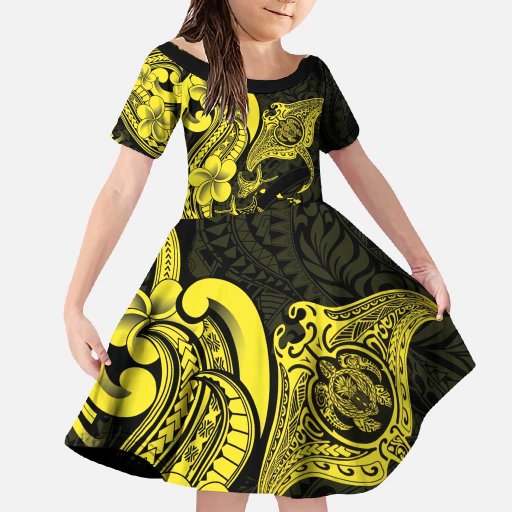 Hawaiian Manta Rays Family Matching Long Sleeve Bodycon Dress and Hawaiian Shirt Tribal Hibiscus Polynesian Tattoos Yellow Color - Polynesian Pride