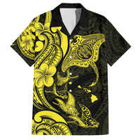 Hawaiian Manta Rays Family Matching Off The Shoulder Long Sleeve Dress and Hawaiian Shirt Tribal Hibiscus Polynesian Tattoos Yellow Color - Polynesian Pride