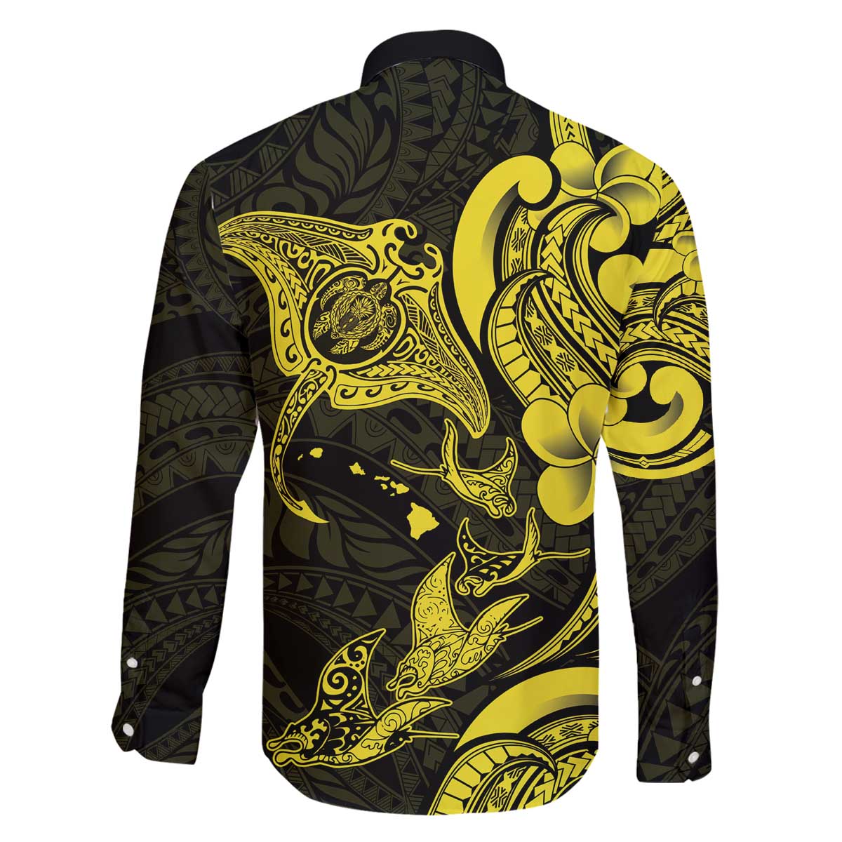 Hawaiian Manta Rays Family Matching Off The Shoulder Long Sleeve Dress and Hawaiian Shirt Tribal Hibiscus Polynesian Tattoos Yellow Color - Polynesian Pride