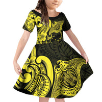Hawaiian Manta Rays Family Matching Off Shoulder Short Dress and Hawaiian Shirt Tribal Hibiscus Polynesian Tattoos Yellow Color - Polynesian Pride