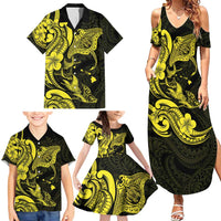 Hawaiian Manta Rays Family Matching Summer Maxi Dress and Hawaiian Shirt Tribal Hibiscus Polynesian Tattoos Yellow Color - Polynesian Pride