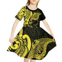Hawaiian Manta Rays Kid Short Sleeve Dress Tribal Hibiscus Polynesian Tattoos Yellow Color - Polynesian Pride