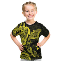 Hawaiian Manta Rays Kid T Shirt Tribal Hibiscus Polynesian Tattoos Yellow Color - Polynesian Pride