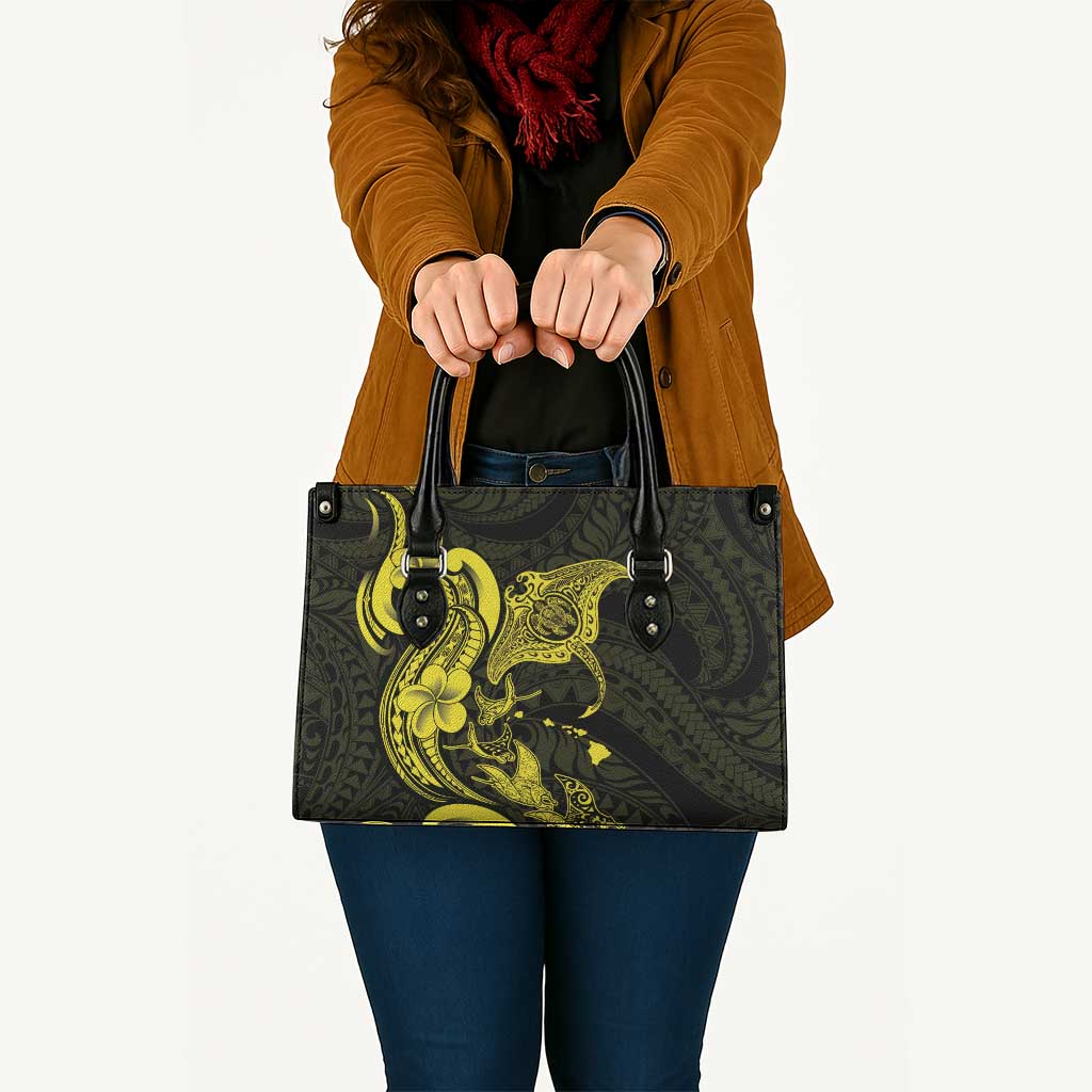 Hawaiian Manta Rays Leather Bag Tribal Hibiscus Polynesian Tattoos Yellow Color - Polynesian Pride