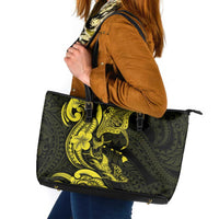 Hawaiian Manta Rays Leather Tote Bag Tribal Hibiscus Polynesian Tattoos Yellow Color - Polynesian Pride