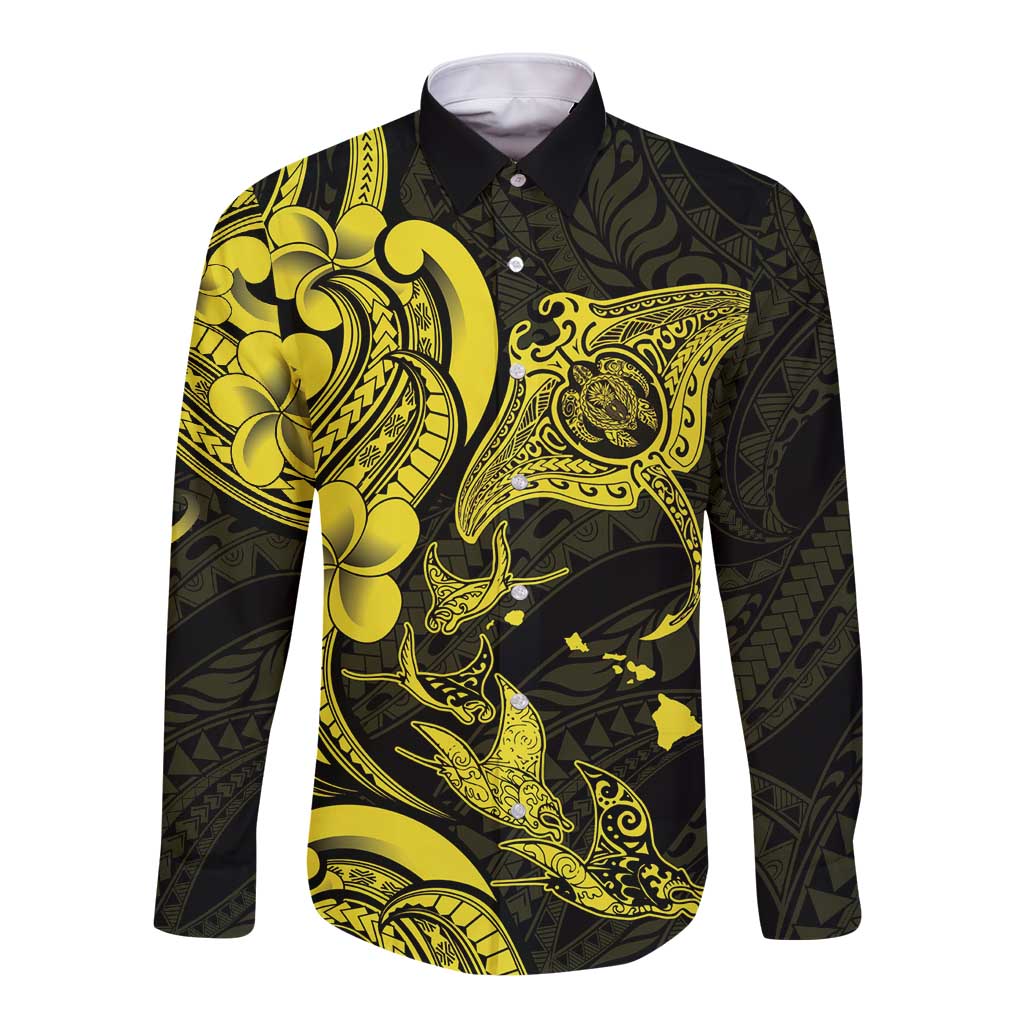 Hawaiian Manta Rays Long Sleeve Button Shirt Tribal Hibiscus Polynesian Tattoos Yellow Color - Polynesian Pride