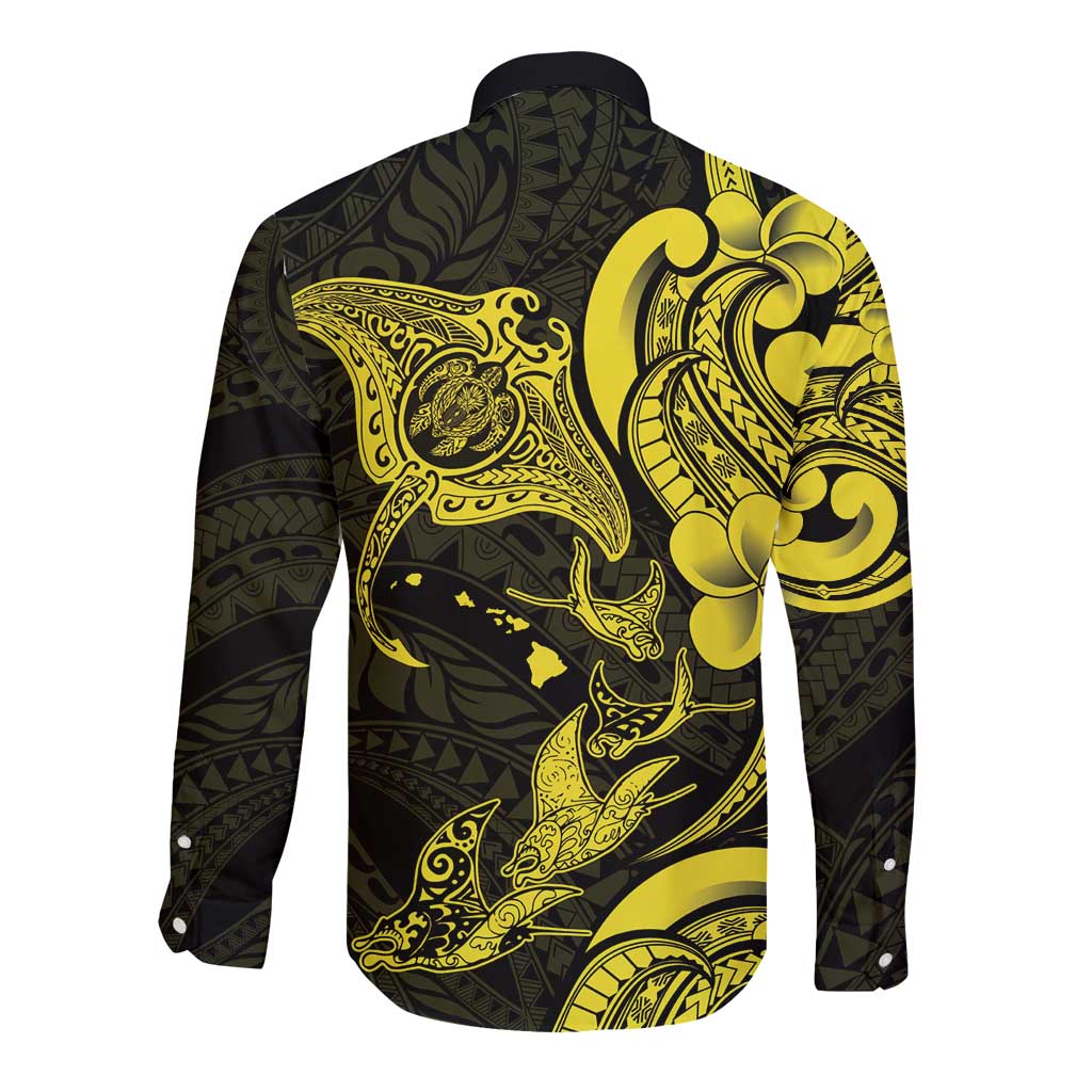 Hawaiian Manta Rays Long Sleeve Button Shirt Tribal Hibiscus Polynesian Tattoos Yellow Color - Polynesian Pride