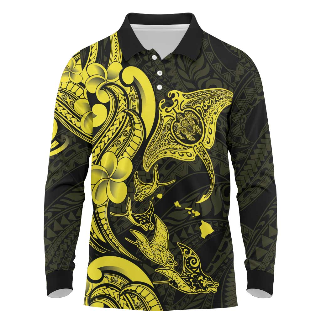 Hawaiian Manta Rays Long Sleeve Polo Shirt Tribal Hibiscus Polynesian Tattoos Yellow Color - Polynesian Pride