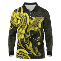 Hawaiian Manta Rays Long Sleeve Polo Shirt Tribal Hibiscus Polynesian Tattoos Yellow Color - Polynesian Pride