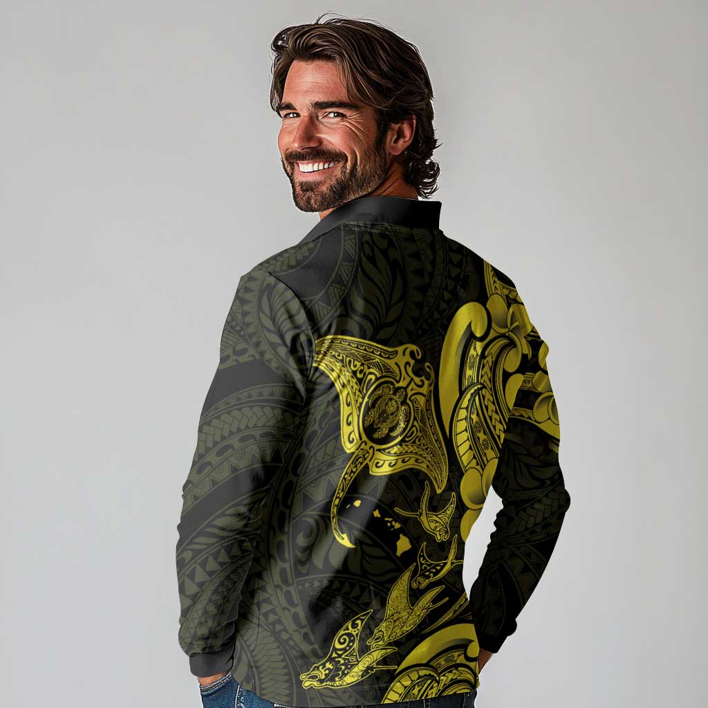 Hawaiian Manta Rays Long Sleeve Polo Shirt Tribal Hibiscus Polynesian Tattoos Yellow Color - Polynesian Pride