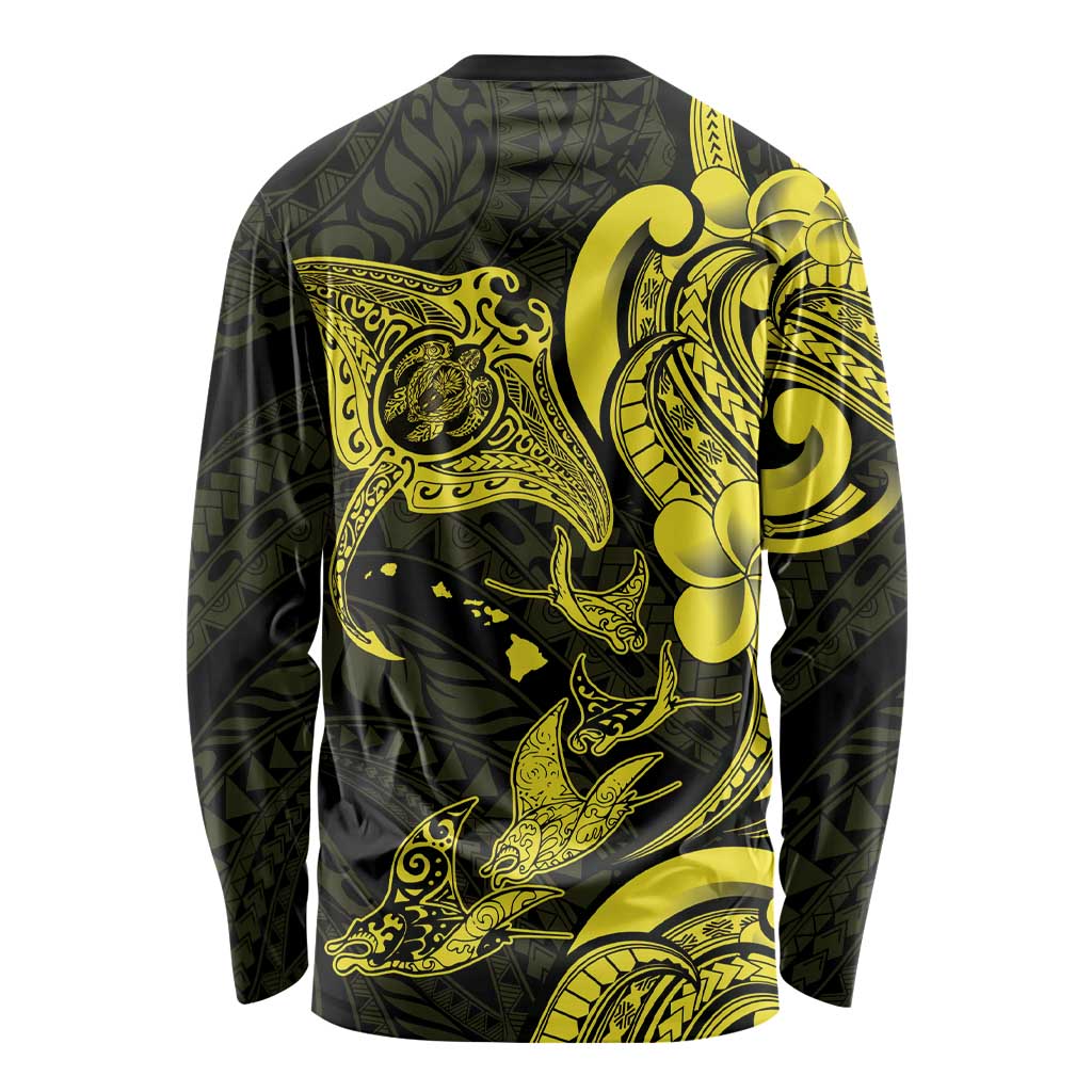 Hawaiian Manta Rays Long Sleeve Shirt Tribal Hibiscus Polynesian Tattoos Yellow Color - Polynesian Pride