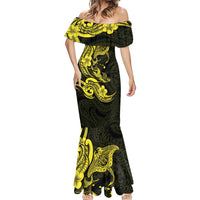 Hawaiian Manta Rays Mermaid Dress Tribal Hibiscus Polynesian Tattoos Yellow Color - Polynesian Pride