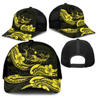 Hawaiian Manta Rays Mesh Trucker Cap Tribal Hibiscus Polynesian Tattoos Yellow Color - Polynesian Pride