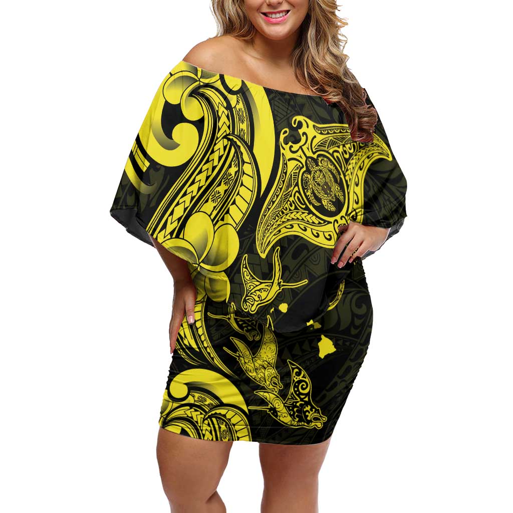 Hawaiian Manta Rays Off Shoulder Short Dress Tribal Hibiscus Polynesian Tattoos Yellow Color - Polynesian Pride