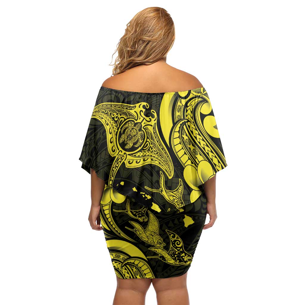 Hawaiian Manta Rays Off Shoulder Short Dress Tribal Hibiscus Polynesian Tattoos Yellow Color - Polynesian Pride