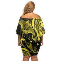 Hawaiian Manta Rays Off Shoulder Short Dress Tribal Hibiscus Polynesian Tattoos Yellow Color - Polynesian Pride