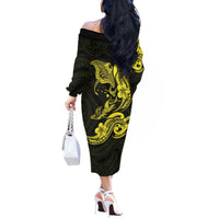 Hawaiian Manta Rays Off The Shoulder Long Sleeve Dress Tribal Hibiscus Polynesian Tattoos Yellow Color - Polynesian Pride